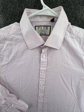 Thomas Pink Long Sleeve Button Up Shirt Adult Size 17.5 35.5 Pink Striped Men